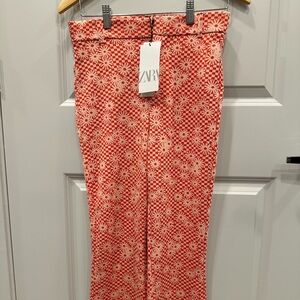 Zara Women’s Flare Bottom Tight Fit Pants Orange Floral Sz M New With Tags